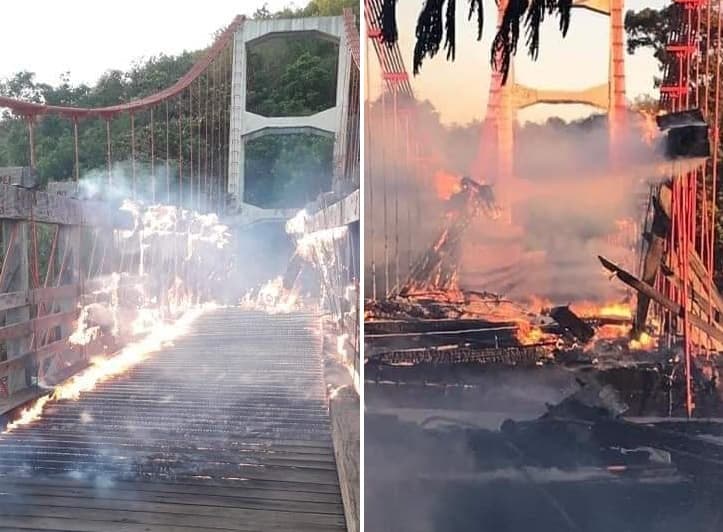 No dia 7 de novembro de 2020, um incêndio foi registrado na ponte que divide os estados de SP e PR, entre Chavantes e Ribeirão Claro. (Foto: Arquivo pessoal)