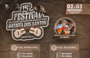 Taquarituba abre inscrições para Festival da Música Raiz Batista dos Santos Pôster de divulgação do evento em Taquarituba. (Foto: Divulgação)